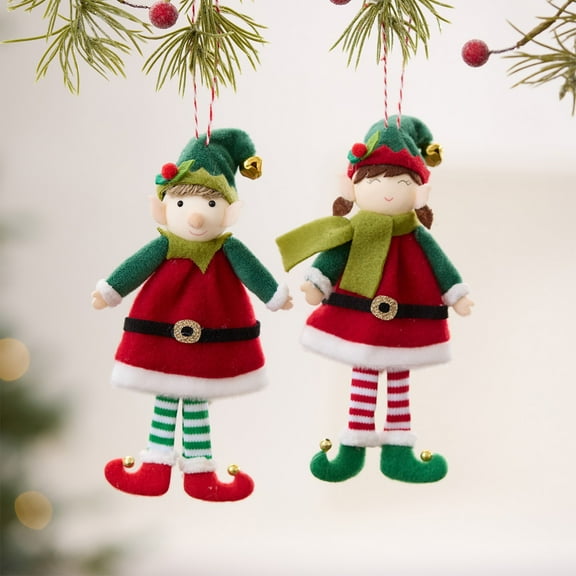 Usloyux Under $5 Christmas Fabric Doll Pendant, 6.69×3.14 Inch Cute Elf Couple Decorative, Hanging Ornaments With Hat and Bell, Festive Home Decor for Holiday