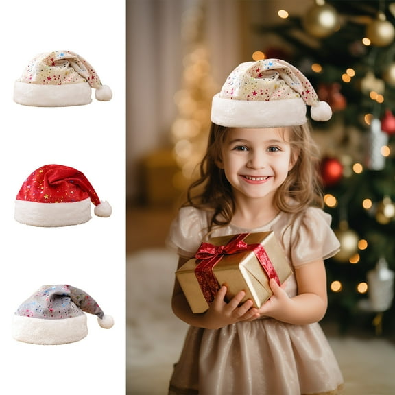 Usloyux Under $5 Christmas Santa Hat,Plush Warm Thick Xmas Hat with Glitter Golden Five-pointed Stars Pattern for Kids Christmas Party Holiday Parties Supplies