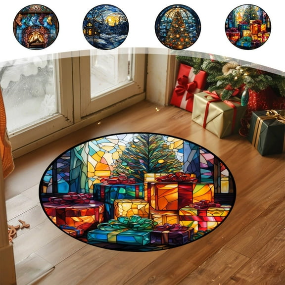 Usloyux Under $5 Christmas Theme Round Living Room Carpet, Entryway Rug Floor Mats for Home, 15.75 Inch Front Back Door Rugs Non Slip Super Absorbent Doormat for Bathroom