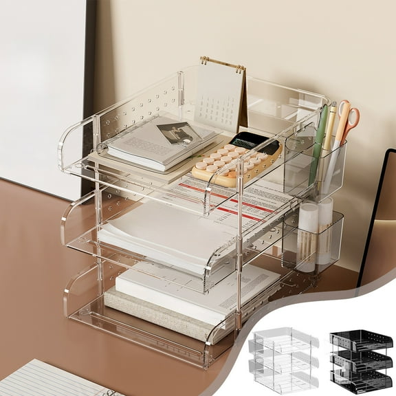 Usloyux Under $5 Desk Organizer and Storage,3 Tier Desktop File Organizer, Acrylic Clear Stackable Desktop Paper Organizer Letter Tray Shelf for File Paper, Letter, A4 File, Books, Notes