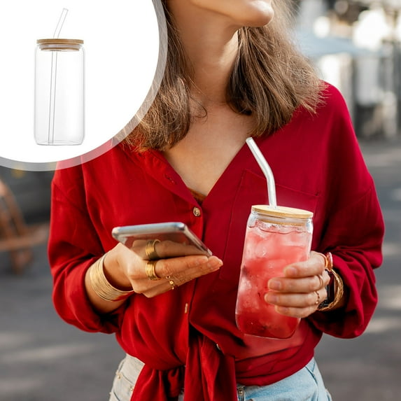 Usloyux Under $5 Glass Straw Cup, 16oz Borosilicate Drinking Glass with Wood Lid, Reusable Cola Style Mug, Highball Glass for Cold Beverages, Clear Drinking Jar with Straw, 500ml Beverage Glass