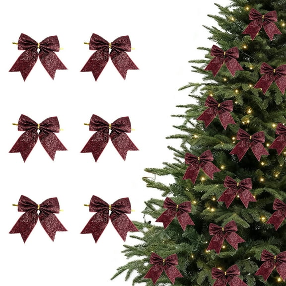 Usloyux Under $5 Mini Christmas Bow Ornaments, 6pcs Small Tree Hanging Decorations, 9cm Red Bow Tie for Gift Wrap Wreath, Festive Holiday Party Decoration