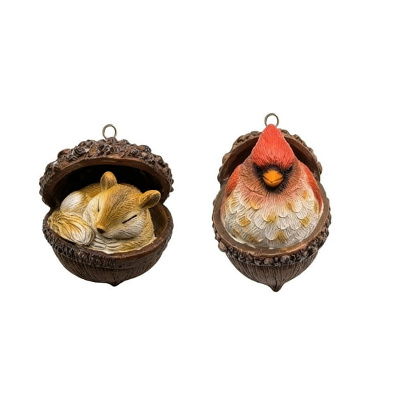 Usloyux under $5 Resin Animal Ornament, 3D Resin Forest Animal Ornaments Set, Sleeping Squirrel & Owl Inside Hazelnut Shell, Cute Christmas Tree Decor, Handcrafted Detail, Warm Natural Tones