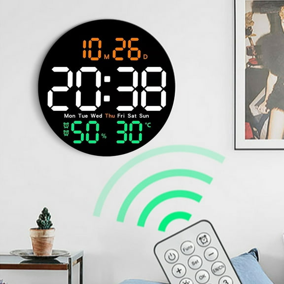 Usloyux Under $5 Round Digital Wall Clock, Multifunction Remote Control Electronic Clock, Color Screen Temperature Humidity Display, Silent LED Timepiece for Living Room