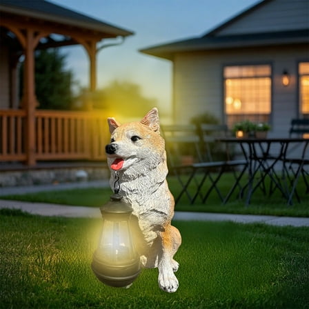 Usloyux Under $5 Solar Dog Light, Resin Puppy Statue with Hanging Chain, Auto On/Off Garden Yard Decor, Waterproof Outdoor Animal Figure Night Light Display