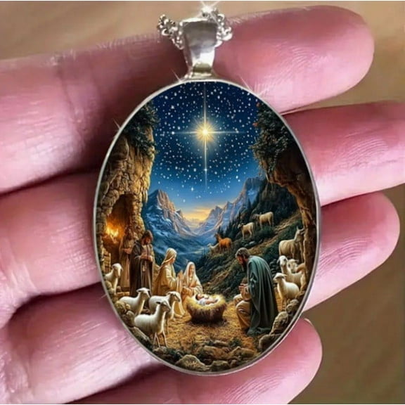 Usloyux under $5 Star Nativity Pendant, Night Sky Nativity Scene Necklace with Glowing Star, Religious Christmas Pendant with Holy Family, Adjustable Chain for Women Men