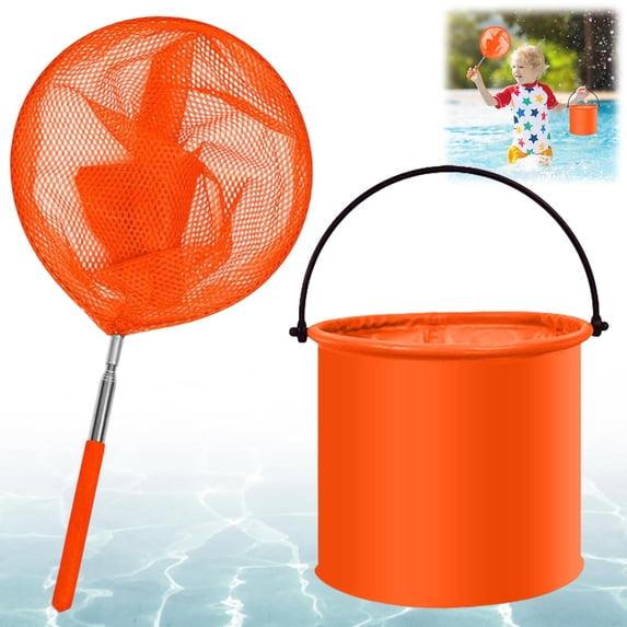 Usloyux under $5 Telescopic Pool Net, Stainless Steel Fishing Net with Telescopic Handle and Folding Bucket, Durable Construction for Pool Cleaning, Catching Fish, and Outdoor Activities