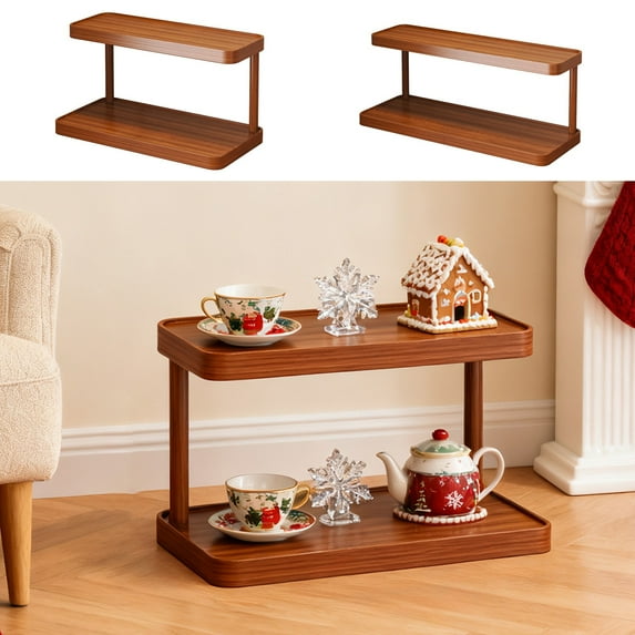 Usloyux Under $5 Two Tier Desktop Organizer, Wooden Mug Holder Rack for Office Desk Table, Small Cup Shelf for Coffee Tea Utensils, Multi-Level Storage Display Stand