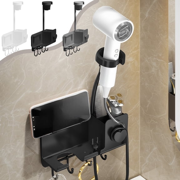 Usloyux Under $5 Wall Mounted Blow Dryer Holder With 360° Adjustment, Hair Tool Organizer, Plastic Hair Dryer Holder, Muti-Function Hair Dryer Stand with Plug Hooks for Kitchen Bathroom Organizer