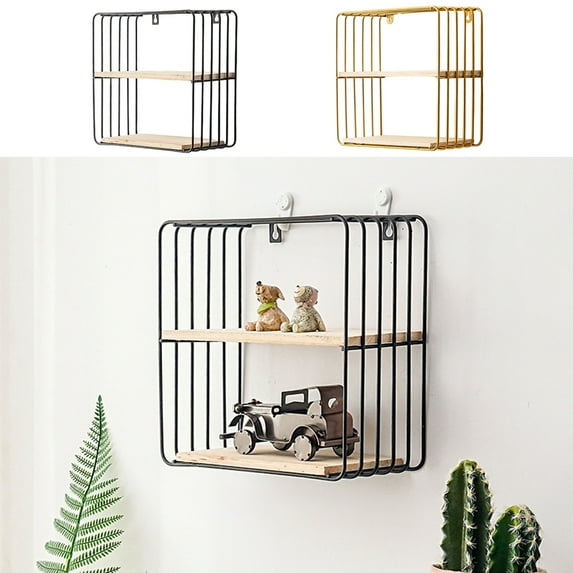 Usloyux Under $5 Wall-Mounted Floating Shelf, 9.84x9.84x4.72 Inch 2-Layer Shelves,Wood Bottom Wall Storage Shelves with Rustic Metal Wire Display Racks for Bedroom Living Room Bathroom Kitchen Decor