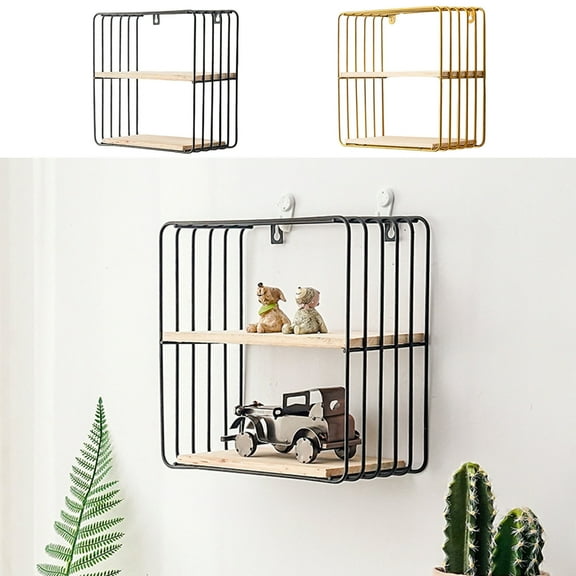 Usloyux Under $5 Wall-Mounted Floating Shelf, 9.84x9.84x4.72 Inch 2-Layer Shelves,Wood Bottom Wall Storage Shelves with Rustic Metal Wire Display Racks for Bedroom Living Room Bathroom Kitchen Decor