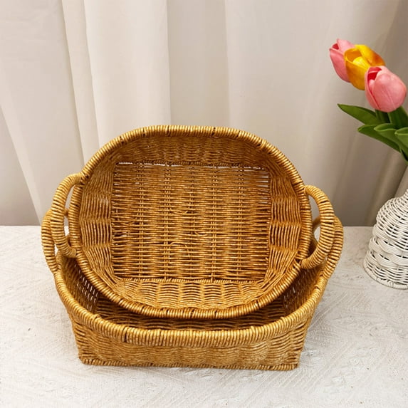 Usloyux Under $5 Wicker Woven Bread Basket, Hand Woven Rattan Fruit Baskets with Handle, Snack Storage Rattan Basket, Wicker Fruit Bowl for Kitchen Counter, Wicker Basket for Vegetable,Dessert,Fruit