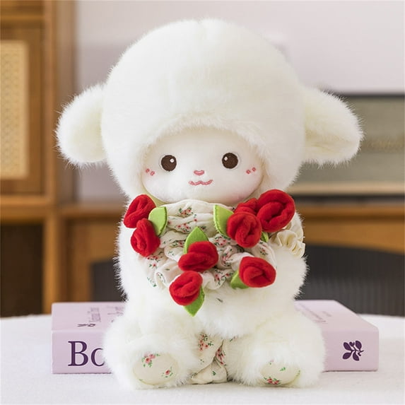 Usloyux under $5 Wool Lamb Doll, Adorable Magnetic Wool Lamb Stuffed Animal Toy with Rose Cap, Transformable Flower Hand Bouquet to Hat, Cute Plush Toy for Kids Girls, Soft Cuddle Doll Gift