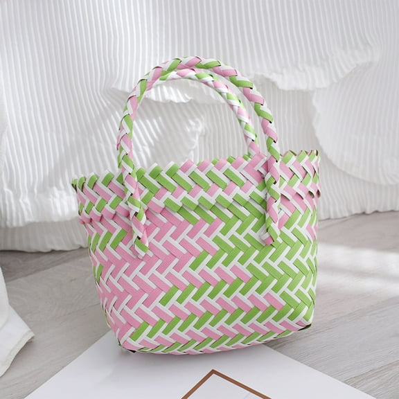 Usloyux Under $5 Woven Plastic Storage Basket, Colorful Cabbage Design Tote Bag for Shopping Beach Carry All, Lightweight Carry All Pouch for Kids Girls Personal Item Organization