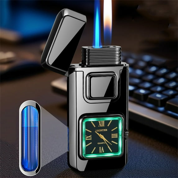 Usloyux 6Pcs Intelligent Watch Lighter, Multifunction Windproof Lighter with Voice Control, Dual Flame Butane Lighter for Outdoor Camping Kitchen, Portable Electronic Lighter, Rechargeable Metal