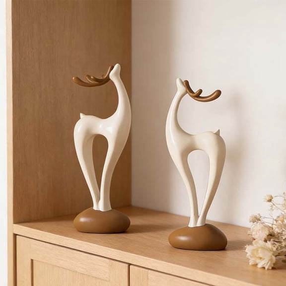 Usloyux Abstract Deer Resin Figurines, Modern Sculptures For Home Decor, Elegant Accents For Living Room Office Desk Display, Set Of 2 White Brown Animal Statues, Decorative Figurines For Mantel