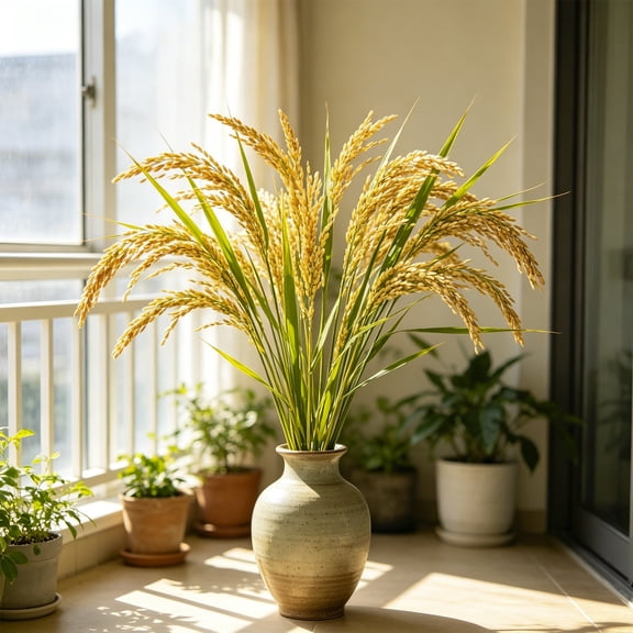 Usloyux Artificial Rice Stalks Bundle, Faux Paddy Grain Stems Realistic Dried Look Decorative Grasses, Fake Wheat Ears Stems for Vase Home Wedding Fall Decor, Tall Dried Plants Arrangement for