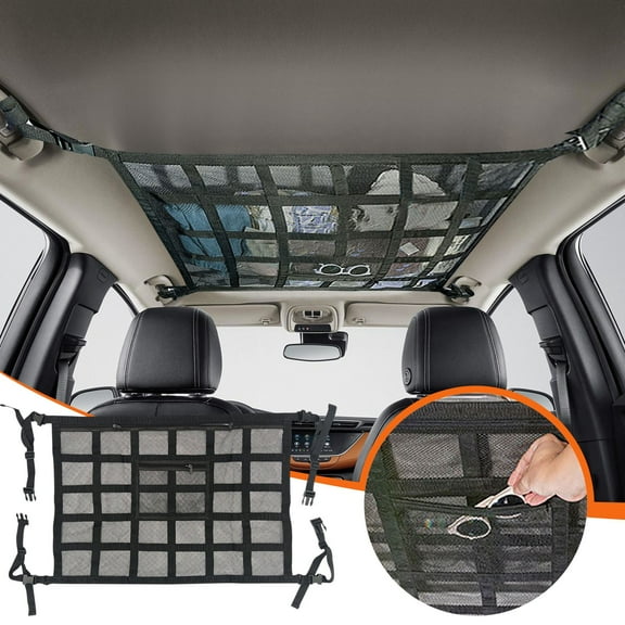 Usloyux Car Ceiling Cargo Net Organizer, Heavy-Duty Polyester Mesh Storage Pocket for Overhead Vehicle Storage, Automotive Interior Organizer for SUV Van Truck Trunk Backseat, Space-Saving Car