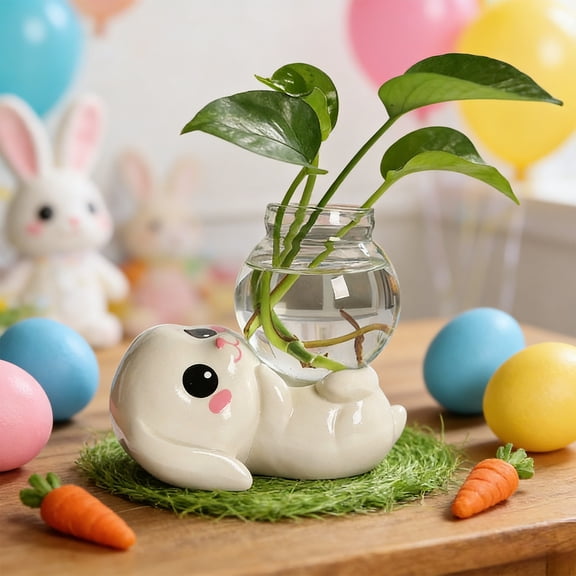 Usloyux Ceramic Rabbit Shape Hydroponic Vase for Plants, Clear Glass Container for Flowers, Desktop Decoration, Unique Gift Idea