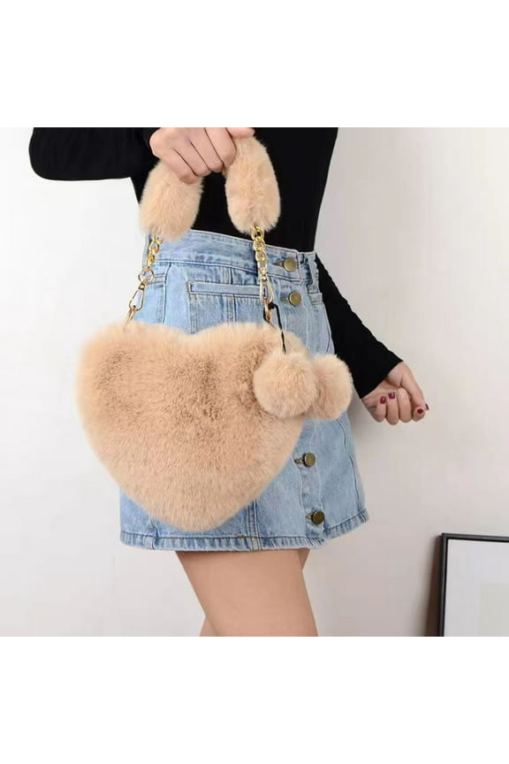 Heart-Shaped Plush Handbags, Soft Faux Fur Tote With Chain Strap, Cute And Stylish Zipper Closure, Perfects Gifts For Women And Girls,Khaki