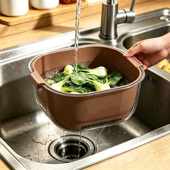 Usloyux Double Layer Colander Two Tier Wash Basin, Kitchen Fruit Vegetable Rinsing Draining Container, Plastic Food Washing Bowl for Daily Household Meal Prep, Countertop Sink Storage Bin