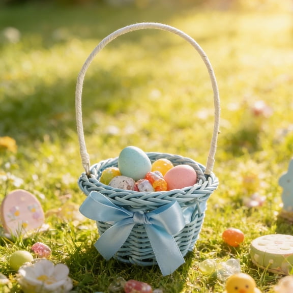 Usloyux Easter Decorative Hand-Held Flower Basket, Mini Woven Circular Planter for Simulation Flower Plants, Micro Landscapes Display, Indoor Outdoor Tabletop Decor, Portable Storage Basket