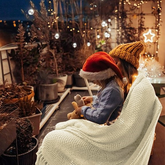 Usloyux Four Season Knitted Blanket, Lightweight Breathable Warm Throw Blanket For Bed Couch Sofa, All-Weather Indoor Outdoor Picnic Camping Travel Use, 50x72 Inches Reversible Fringe Design