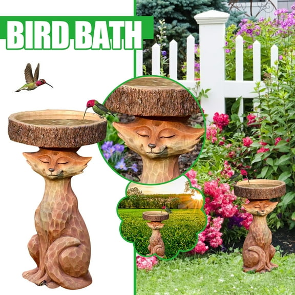 Usloyux Garden Decor, Outdoor Garden Decoration Garden Decoration Feeder Resin Ornaments, Fox Figure Bird Bath with Sunflower Design, Weather Resistant Resin Decor for Yard Patio, Handmade Detail