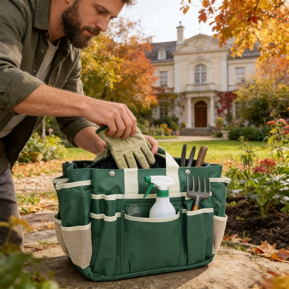 Usloyux Gardening Tool Storage Bag, Multi-Functional Folding Organizer with Multiple Pockets, Handheld Portable Tool Bag for Garden Lawn Yard Work, Durable Cloth Storage for Shovels Rakes Pruners