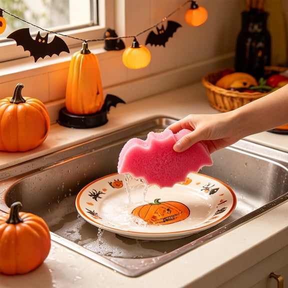 Usloyux Holiday Shaped Cleaning Sponge Non-Scratch Pot Cleaning Pad Multi-Purpose Kitchen Bathroom Sponge Scrubber, Ghost Pumpkin Skull Design Scouring Pads for Dishwashing, Sink, Countertop, Floor,