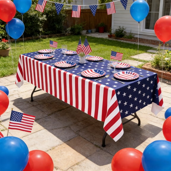 Usloyux Independence Day Patriotic Party Decorations, Red White Blue Disposable Plastic Tablecloth, Memorial Day Veterans Day Patriotic Party Supplies for Picnic BBQ Outdoor Indoor Table Decor