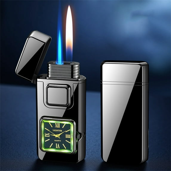 Usloyux Intelligent Watch Lighter, Multifunction Windproof Lighter with Voice Control, Dual Flame Butane Lighter for Outdoor Camping Kitchen, Portable Electronic Lighter, Rechargeable Metal Lighter