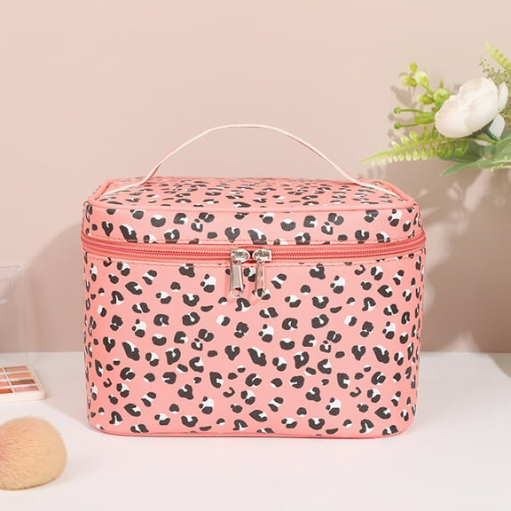 Usloyux Large Capacity Travel Cosmetic Bag, Imitation Leather Leopard Pattern Organizer for Brushes, Tools, Toiletries, Portable Waterproof Makeup Case with Double Layer, Easy Clean Bag for Women,