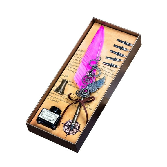 Usloyux Mechanical Wing Quill Pen, Carved Feather Dip Pen with 5 Interchangeable Nibs and Brass Base, Vintage Writing Instrument Gift Box for Holiday Birthday Christmas Graduation, Includes 15ML Ink
