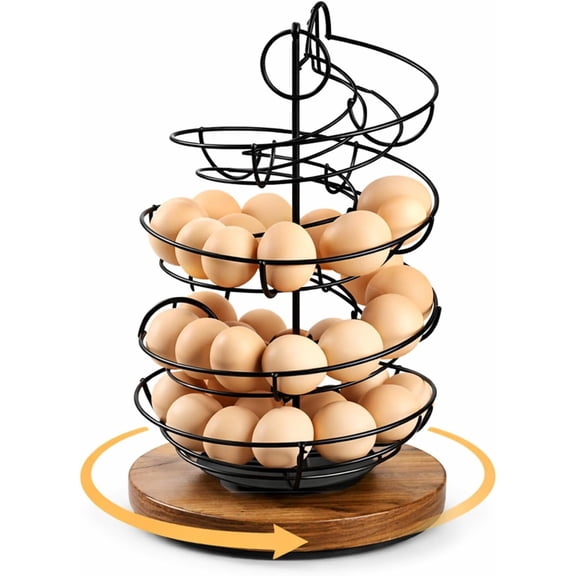 Usloyux Rotating Spiral Egg Organizer, Metal Egg Storage Rack With Wooden Turntable Base, No-Lift Easy Access Egg Counter For Kitchen Countertop, Farmhouse Pantry, Refrigerator Display, FIFO Fresh