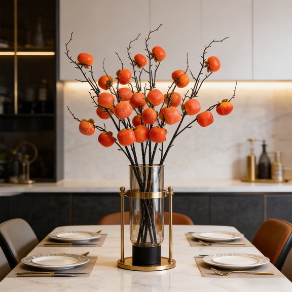 Usloyux Simulation Persimmon Pomegranate Fruit Branches, Artificial Decorative Fruit Stems For Home Decor, Wedding Centerpiece, Photography Props, Garden-Style Display For Living Room Window Patio