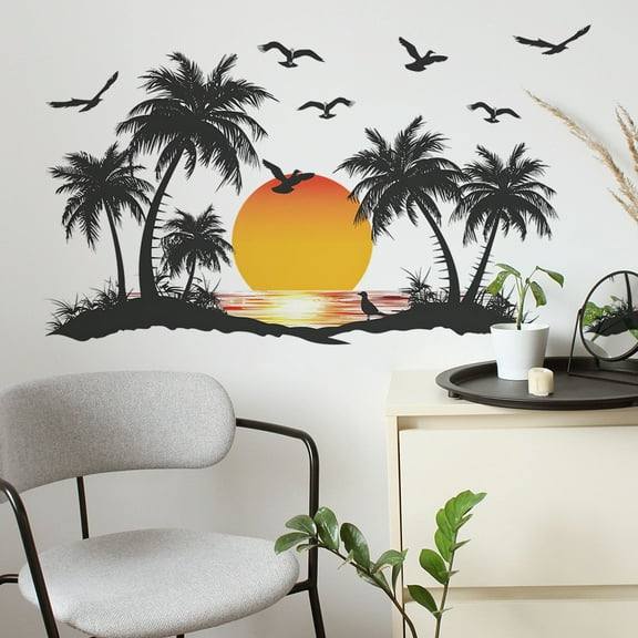 Usloyux Sunset Tree Seagull Wall Decals, Bohemian Tropical Wall Stickers Self-Adhesive Vinyl, Large Wall Art for Bedroom Living Room Dormitory Decor, Easy Peel and Stick Removable Wall Mural