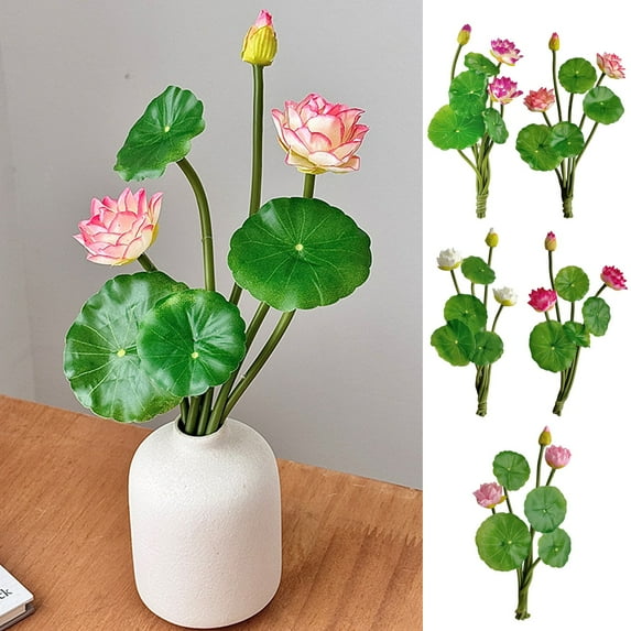 Usloyux Under $5 Artificial Lotus Flower Arrangement, Realistic Water Lily Bloom, Faux Floral Centerpiece, Home Dining Table TV Cabinet Decor
