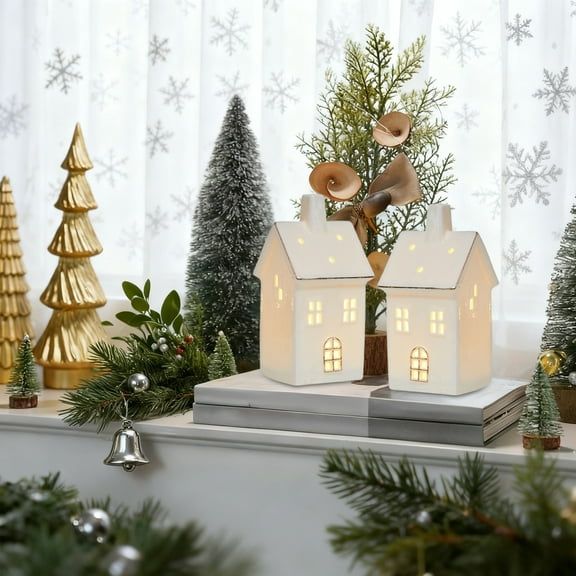 Usloyux Under $5 Ceramic Santa House, Glowing Christmas Village Decor, Luminous Tabletop Ornament, Battery Powered Night Light, Holiday Display