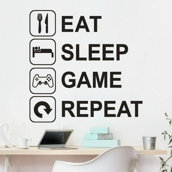 Usloyux Wall Art, Removable Vinyl Wall Art Sticker, Eat Sleep Game Repeat Gamer Room Decor, Black White Art for Bedroom Living Room, Easy Peel and Stick Mural for Smooth Walls