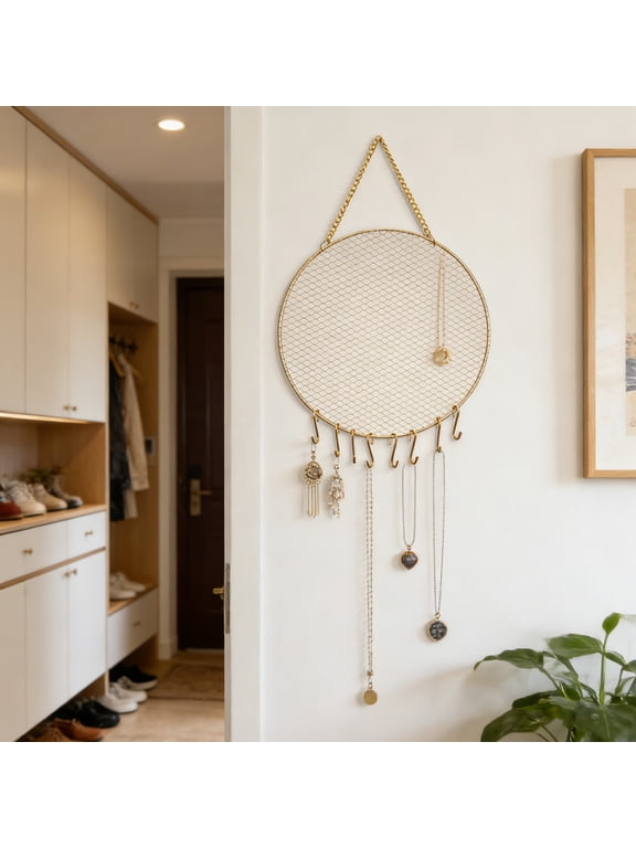 Wall Mounted Jewelry Organizer, Round Metal Mesh Display Stand for Earrings Bracelets Necklaces, Hanging Jewelry Storage for Bedroom Bathroom Vanity, Space-Saving Jewelry Holder with Gold