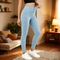 thumbnail image 1 of Usloyux Women High Waisted Slim Fit Ribbed Leggings with Tummy Control Yoga Workout Streetwear Activewear Long Pants for Casual Daily Gym, Light Blue S, 1 of 5