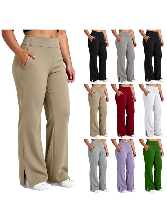 Women Plus Size Straight Leg Pants High Waisted with Pockets Solid Casual Long Lounge Trousers Travel Beach, Khaki 2XL