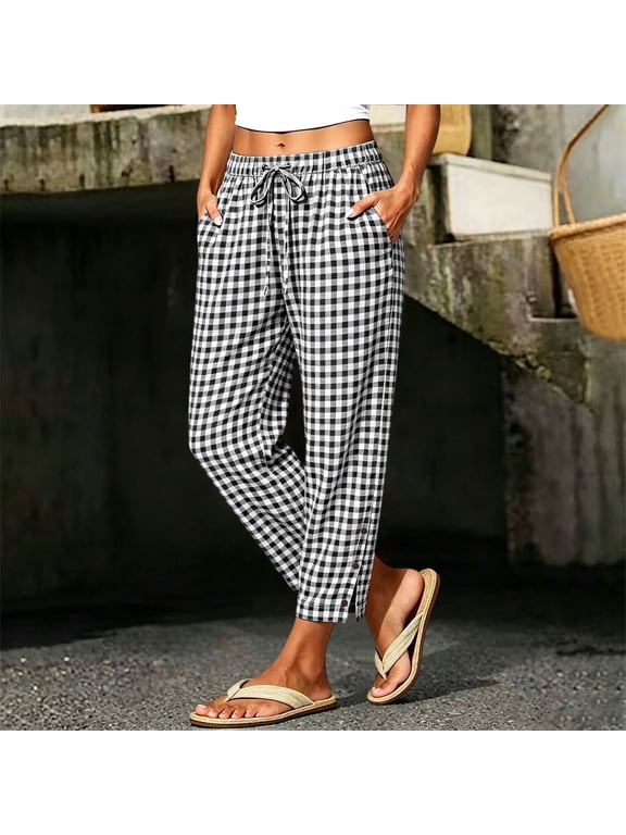 Women Plus Size Straight Leg Pants with Pockets Elastic Waist Lounge Pants Plaid Casual Beach Ankle Length Trousers for Summer, Black M
