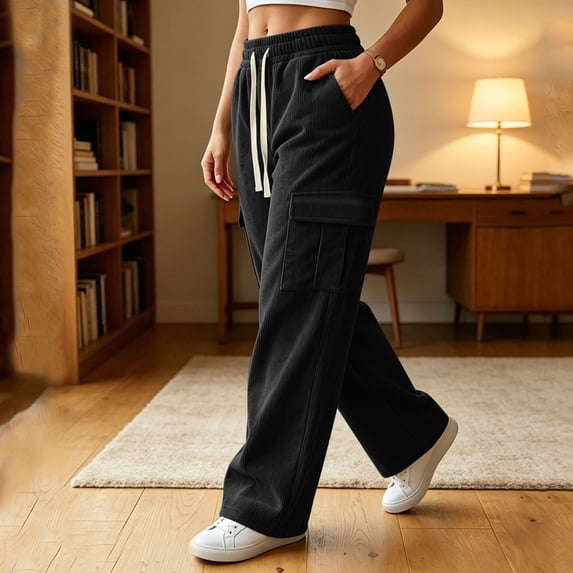 Usloyux Women Plus Size Wide Leg Cargo Pants Drawstring Elastic Waisted Trousers with Pockets Casual Loose Fit Summer Travel Work Bottoms, Black 3XL