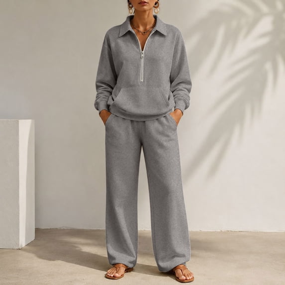 Usloyux Women's 2 Piece Lounge Set Long Sleeve Collared Pullover Top and Wide Leg Pants Matching Tracksuit Outfits, Gray 2XL