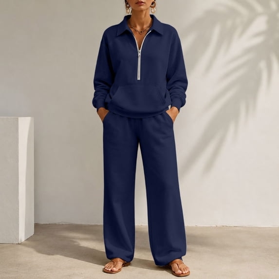 Usloyux Women's 2 Piece Lounge Set Long Sleeve Collared Pullover Top and Wide Leg Pants Matching Tracksuit Outfits, Navy S