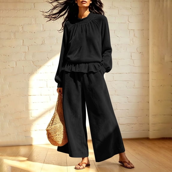 Usloyux Women's 2 Piece Lounge Set Long Sleeve Crew Neck Pullover Top and Wide Leg Pants Matching Tracksuit Outfits, Black S