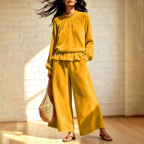 Usloyux Women's 2 Piece Lounge Set Long Sleeve Crew Neck Pullover Top and Wide Leg Pants Matching Tracksuit Outfits, Yellow L