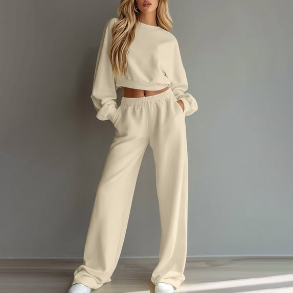 Usloyux Women's 2 Piece Lounge Set Long Sleeve Crop Top with Round Neck and Wide Leg Pants with Elastic Waist Matching Casual Tracksuit Outfits, Khaki L